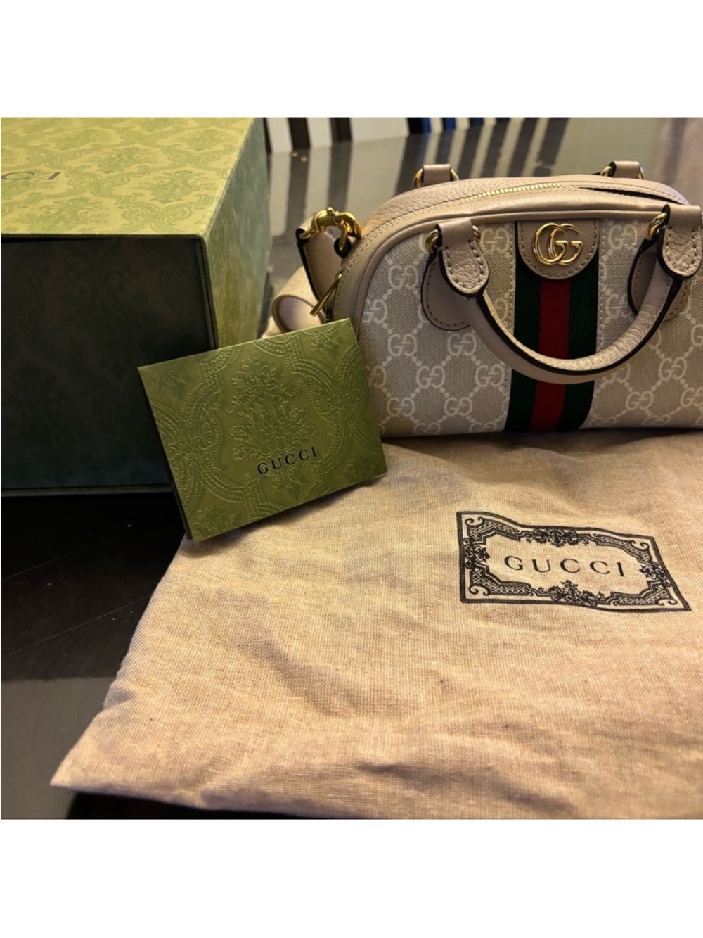 Gucci Beige Mini Ophidia Top-Handle Bag with Green-Red Web - Picture 2 of 8